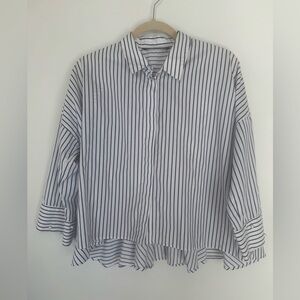 ZARA Blue & White Button-Down Shirt w/ Peplum Back & Pearl Sleeve Accents – S